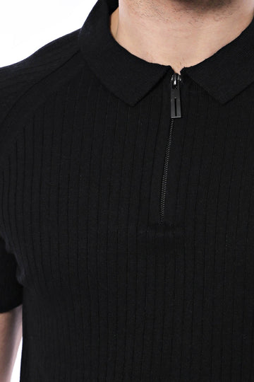 Polo Zippered Patterned Black Knitted T-Shirt | Wessi