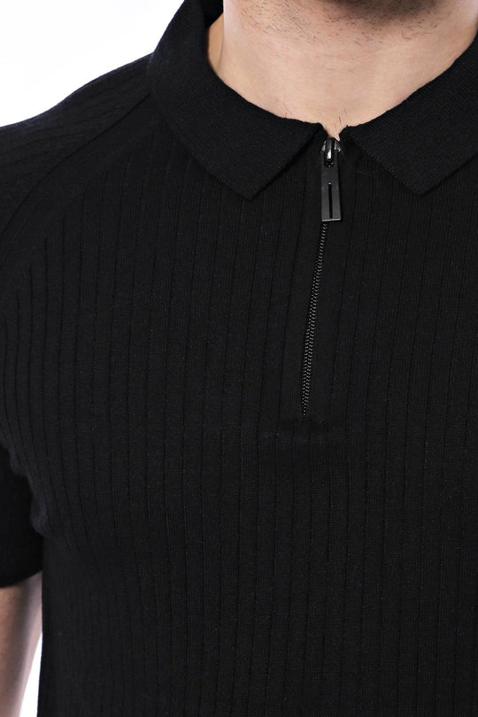 Polo Zippered Patterned Black Knitted T-Shirt | Wessi