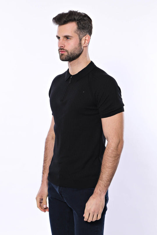 Polo Zippered Patterned Black Knitted T-Shirt | Wessi