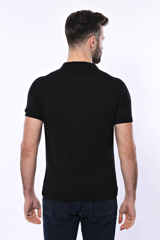 Polo Zippered Patterned Black Knitted T-Shirt | Wessi