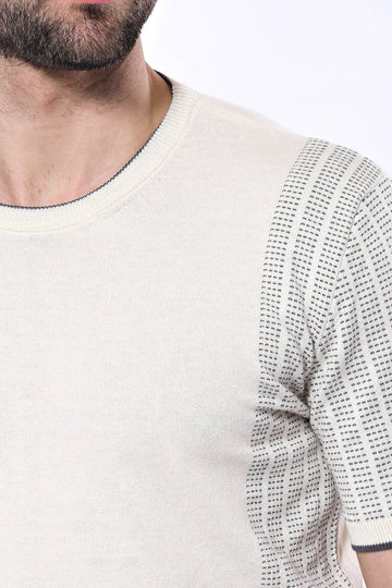 Crew Neck Patterned Knitted T-Shirt in Cream | Wessi
