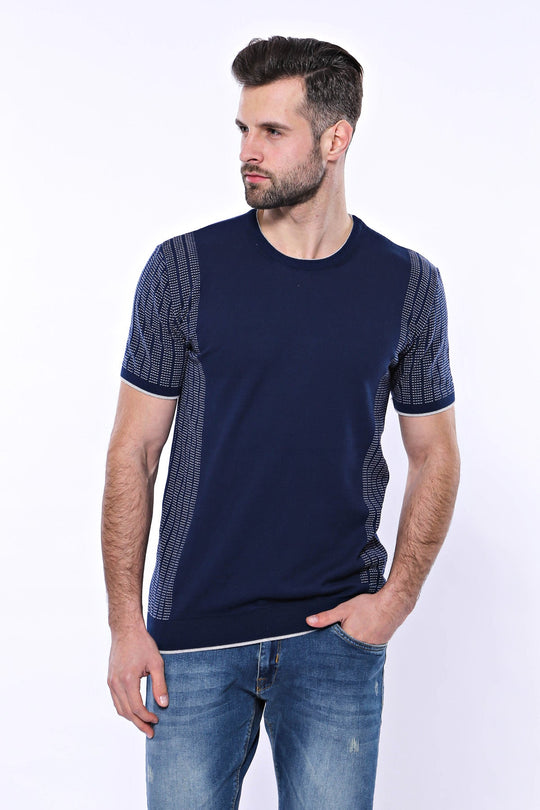 Crew Neck Patterned Knitted T-Shirt in Navy | Wessi