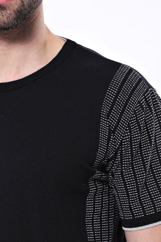 Crew Neck Patterned Knitted T-Shirt in Black | Wessi