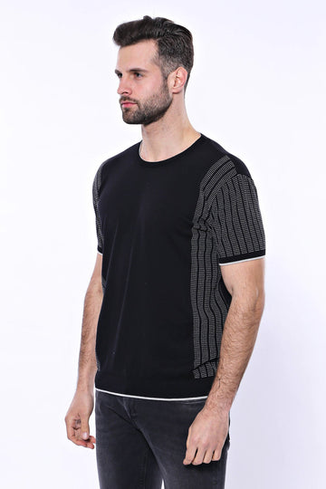 Crew Neck Patterned Knitted T-Shirt in Black | Wessi