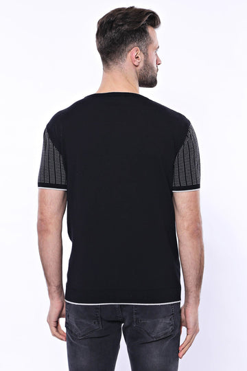 Crew Neck Patterned Knitted T-Shirt in Black | Wessi
