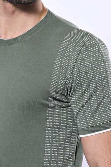 Men's Green Slim Fit Crew Neck Patterned Knitted T-Shirt | Wessi