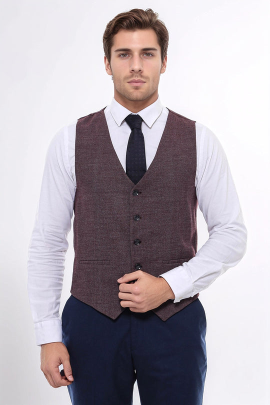 Dark Brown Slim Fit Patterned V-Neck Waistcoat – Wessi