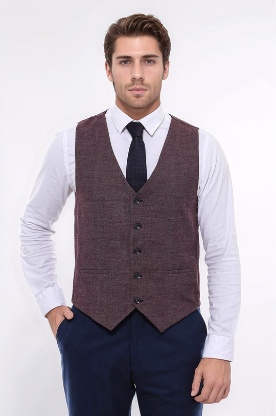 Dark Brown Slim Fit Patterned V-Neck Waistcoat – Wessi